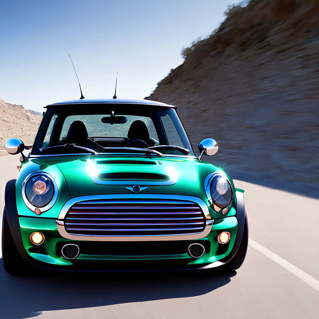 Turquoise Mini Cooper on highway with blue sky and rocky terrain