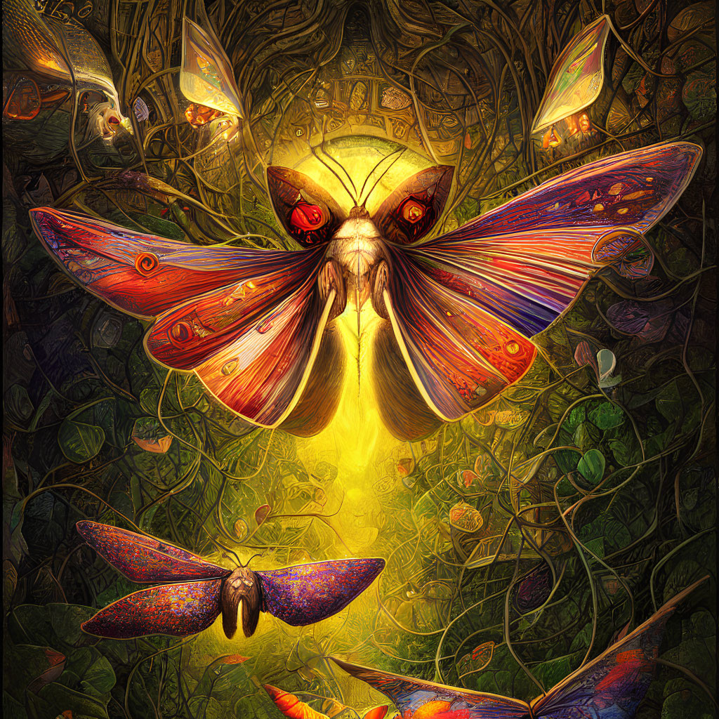 Colorful digital artwork: Oversized butterfly with intricate wings in mystical setting