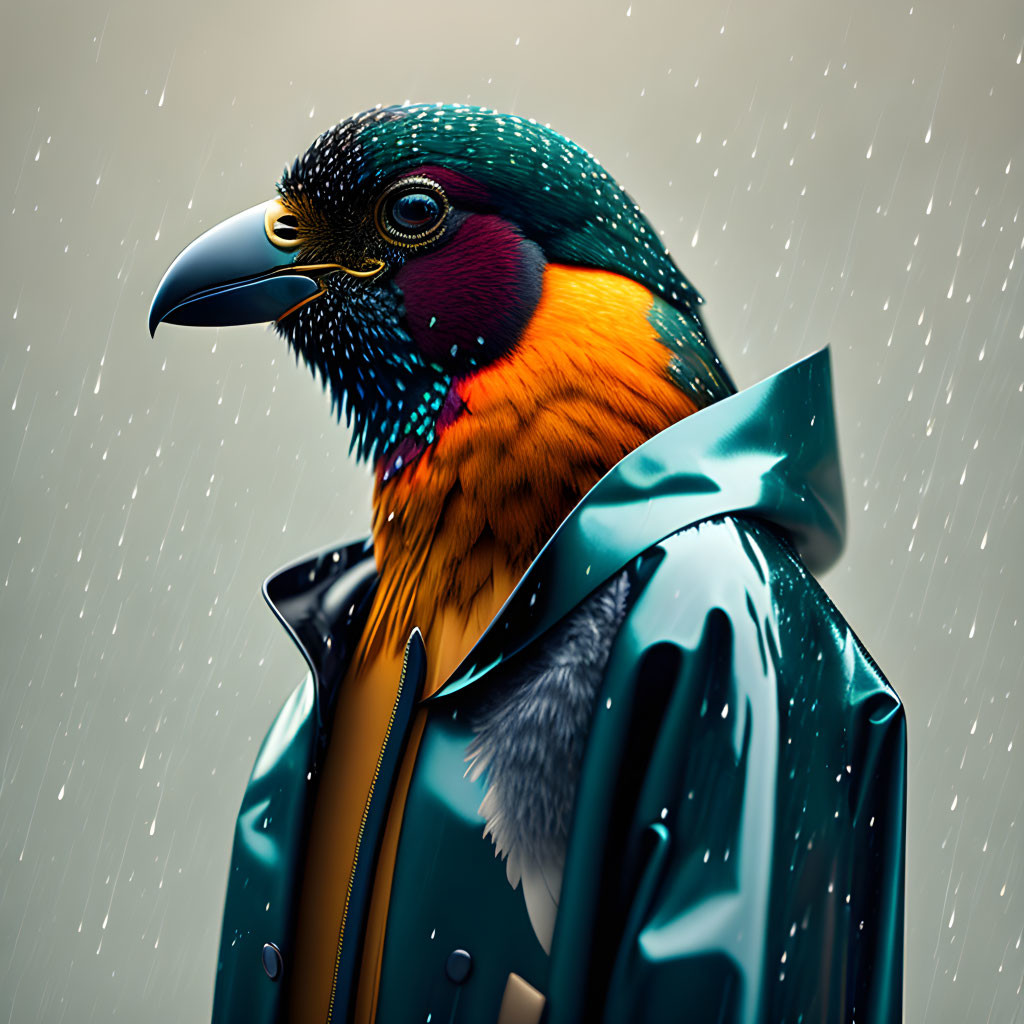 Colorful bird in green coat under light rain