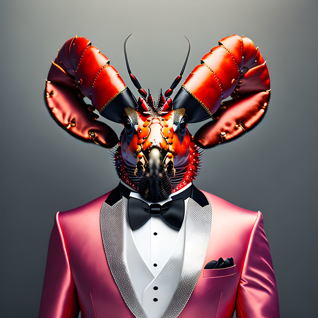 Surreal image: Person in pink suit with lobster head and bow tie