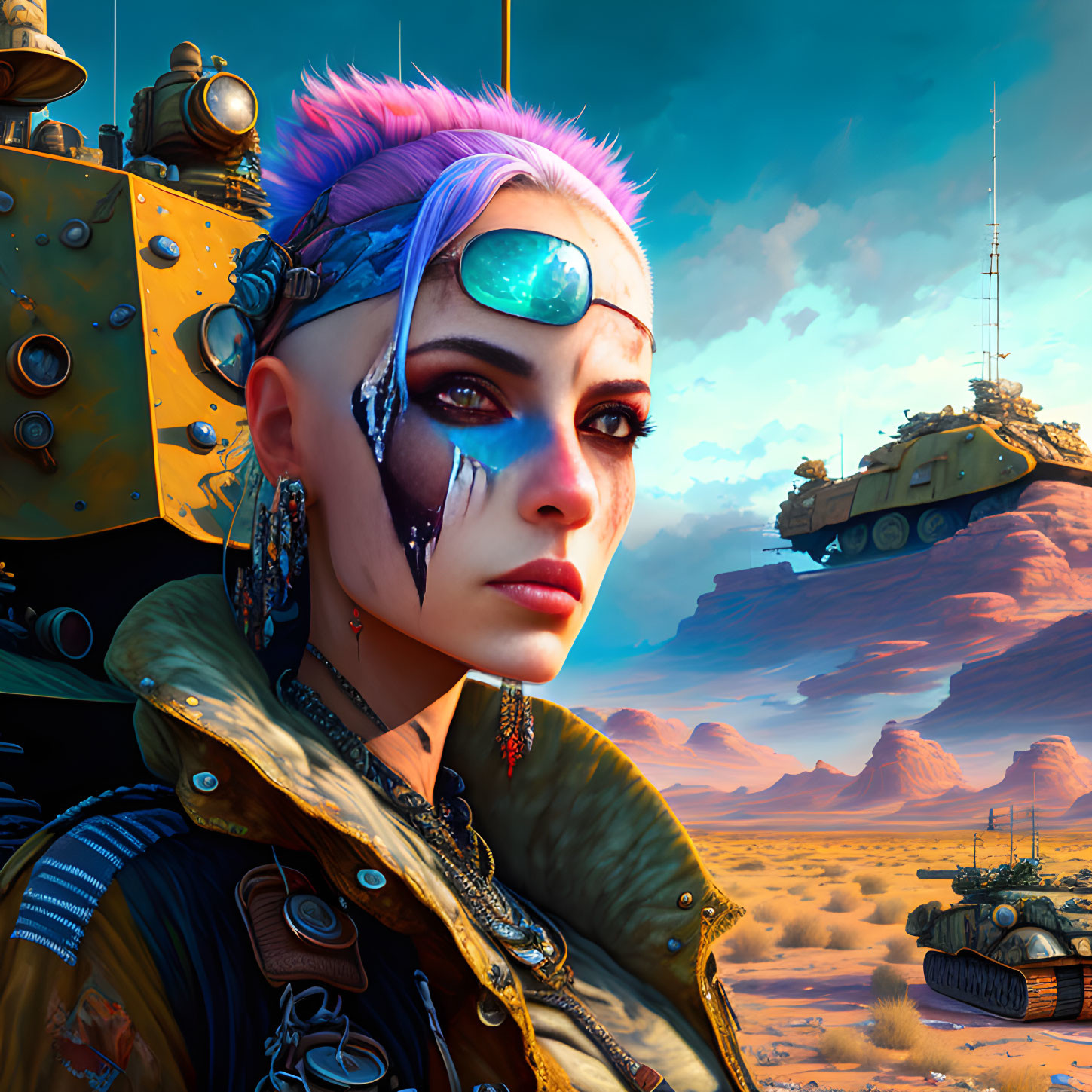 Cybernetic eye woman with pink hair in desert with military tanks