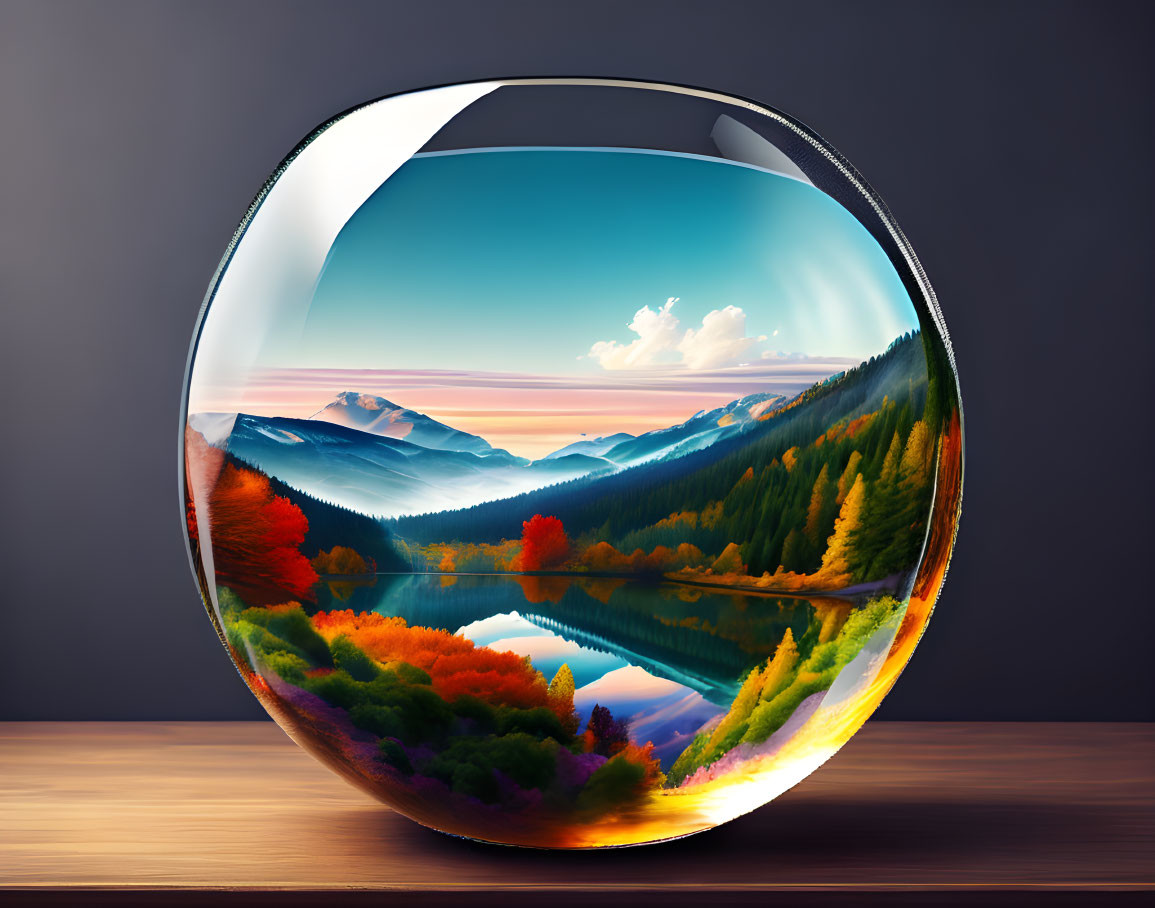 Glass Sphere Reflecting Autumn Landscape on Wooden Surface
