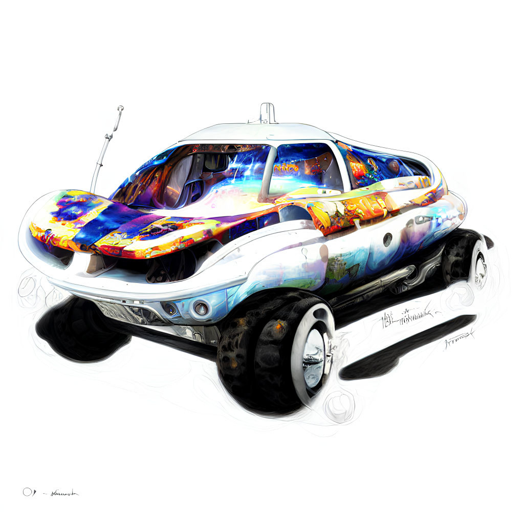 Multicolored futuristic vehicle with large windows and robust wheels