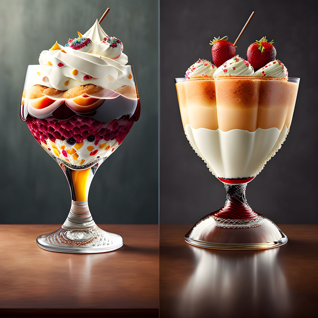 Layered dessert parfaits with whipped cream and strawberries in tall glasses