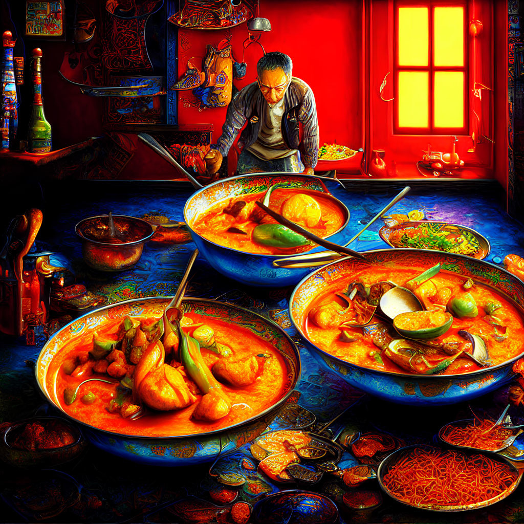 Colorful Kitchen Scene with Person Cooking and Steaming Bowls