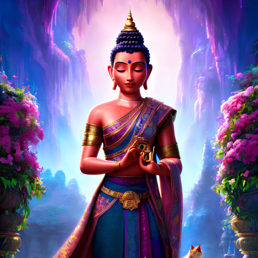 Illustration of Buddha in Thai attire with golden vessel in mystical cave setting
