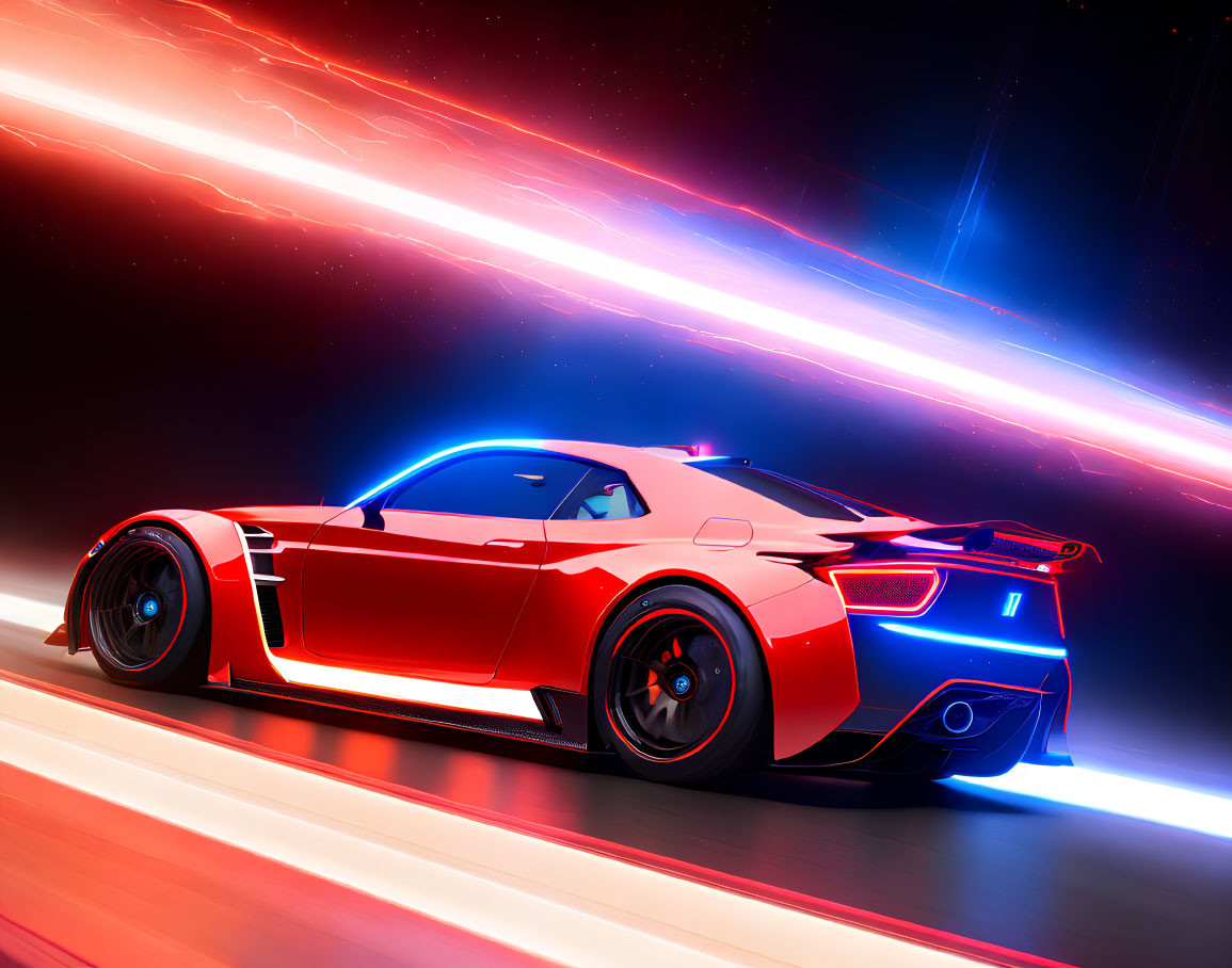 Red sports car in motion under night sky with dynamic light streaks