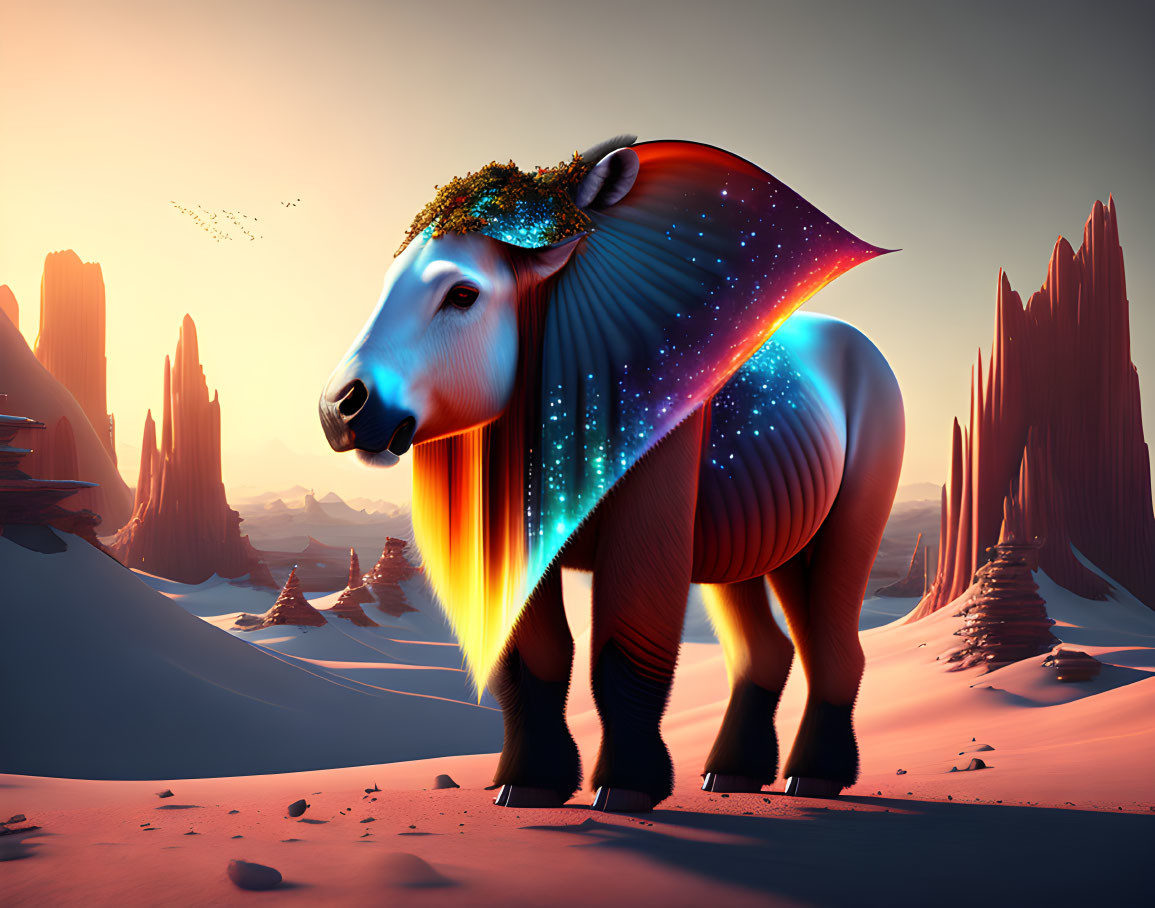 Bear with cosmic pattern in desert landscape under twilight sky