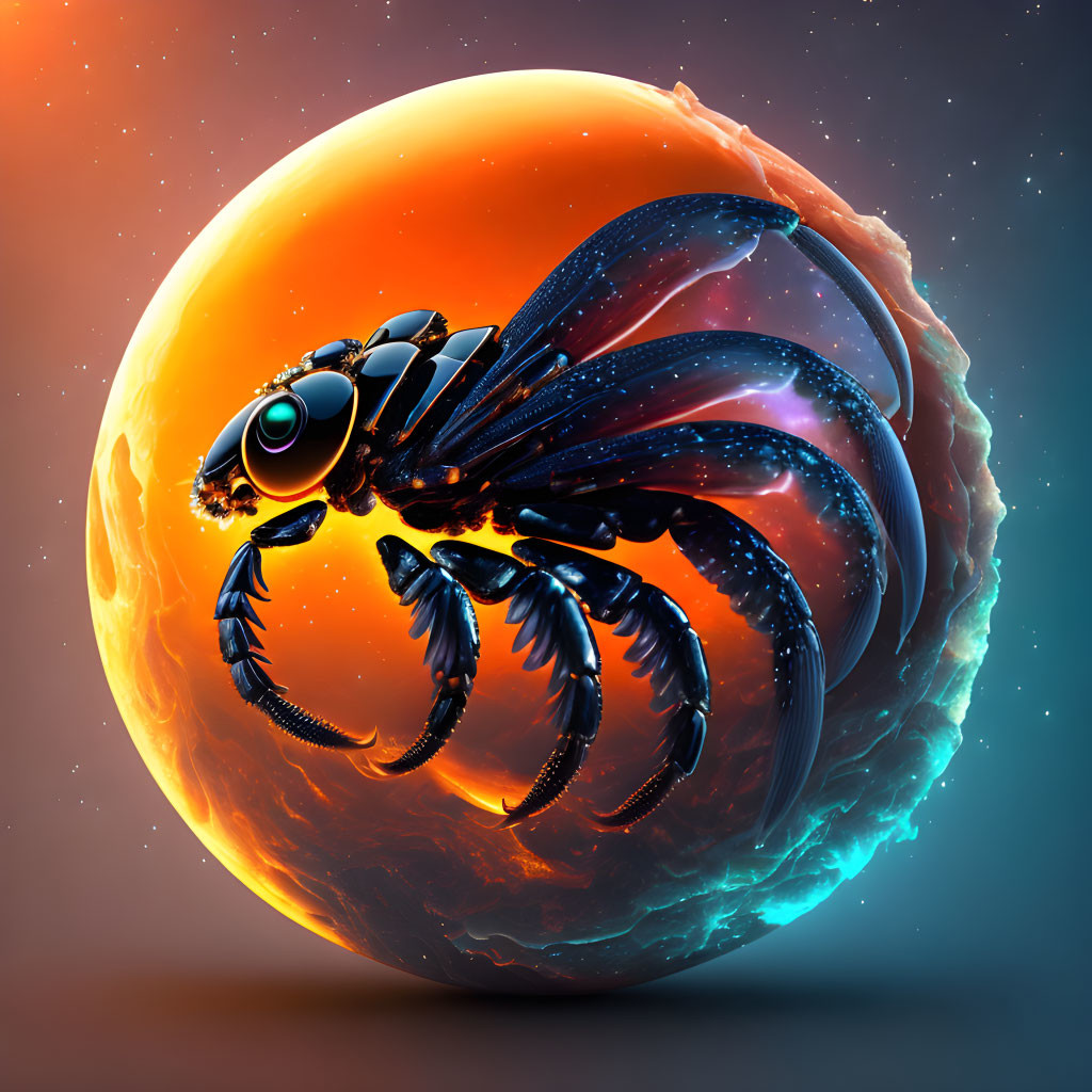 Stylized mechanical bee circling orange planet in space-themed digital art