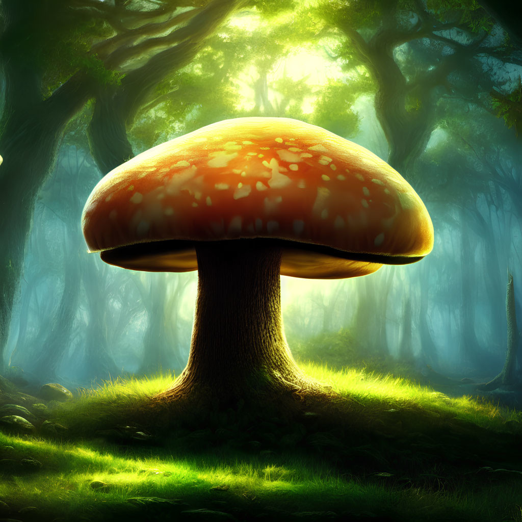 Glowing red-capped oversized mushroom in enchanted forest