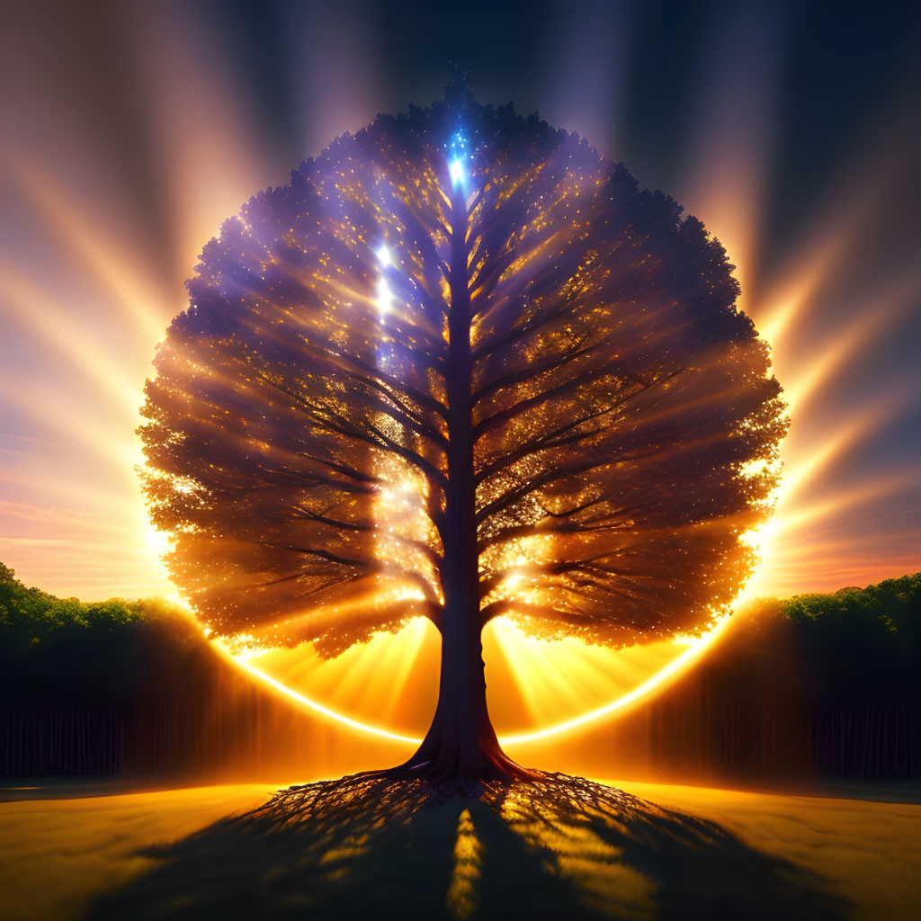 Majestic tree with sunbeams and vivid sunrise