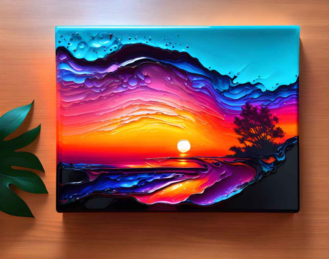 Vibrant sunset abstract design on laptop cover with tree silhouette