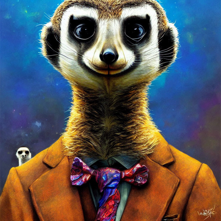 Stylized meerkat in brown jacket and bow tie on blue background with skull