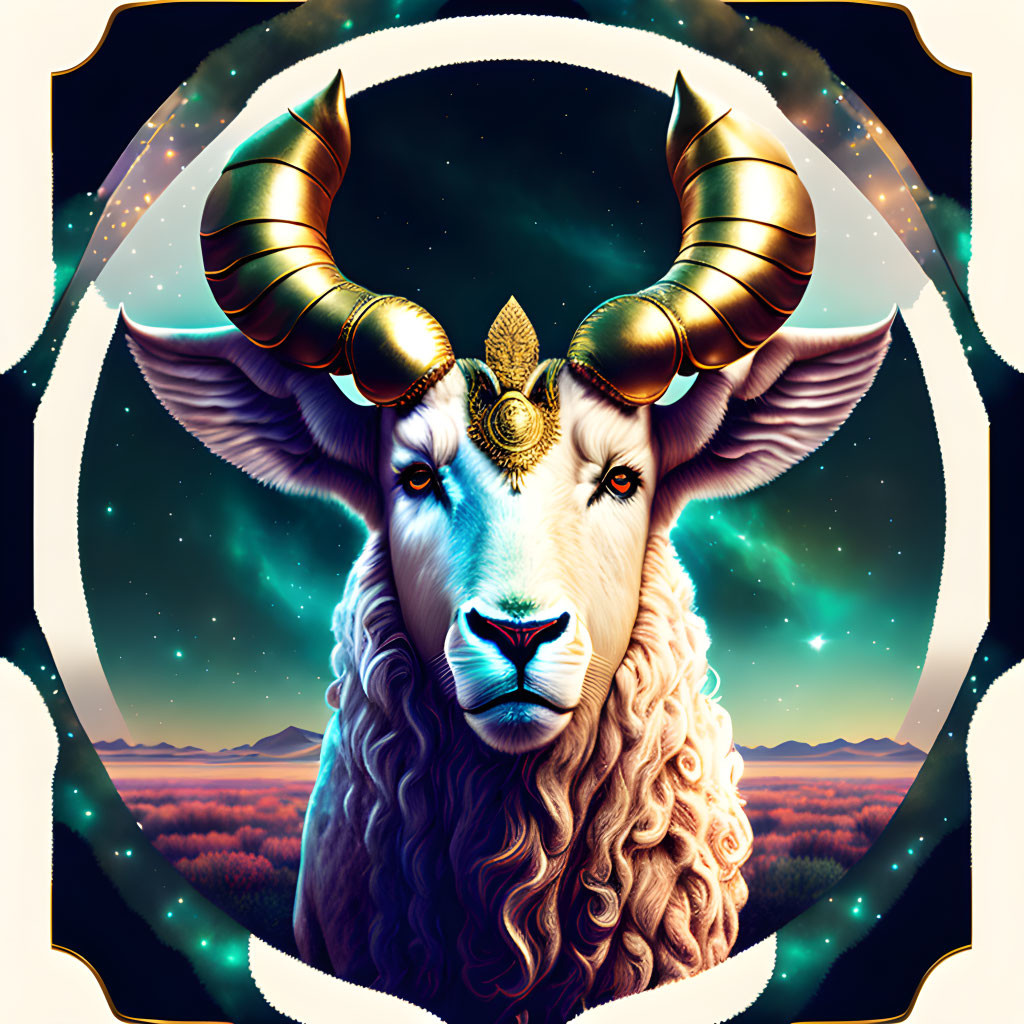 Colorful Ram Illustration with Golden Horns in Cosmic Landscape