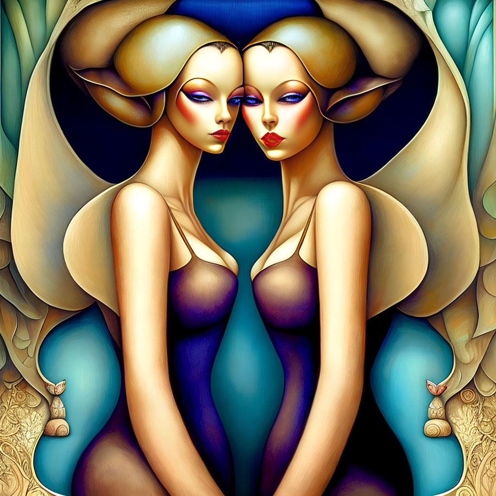 Symmetric digital art of two stylized women with horn-like hair in blue and gold.