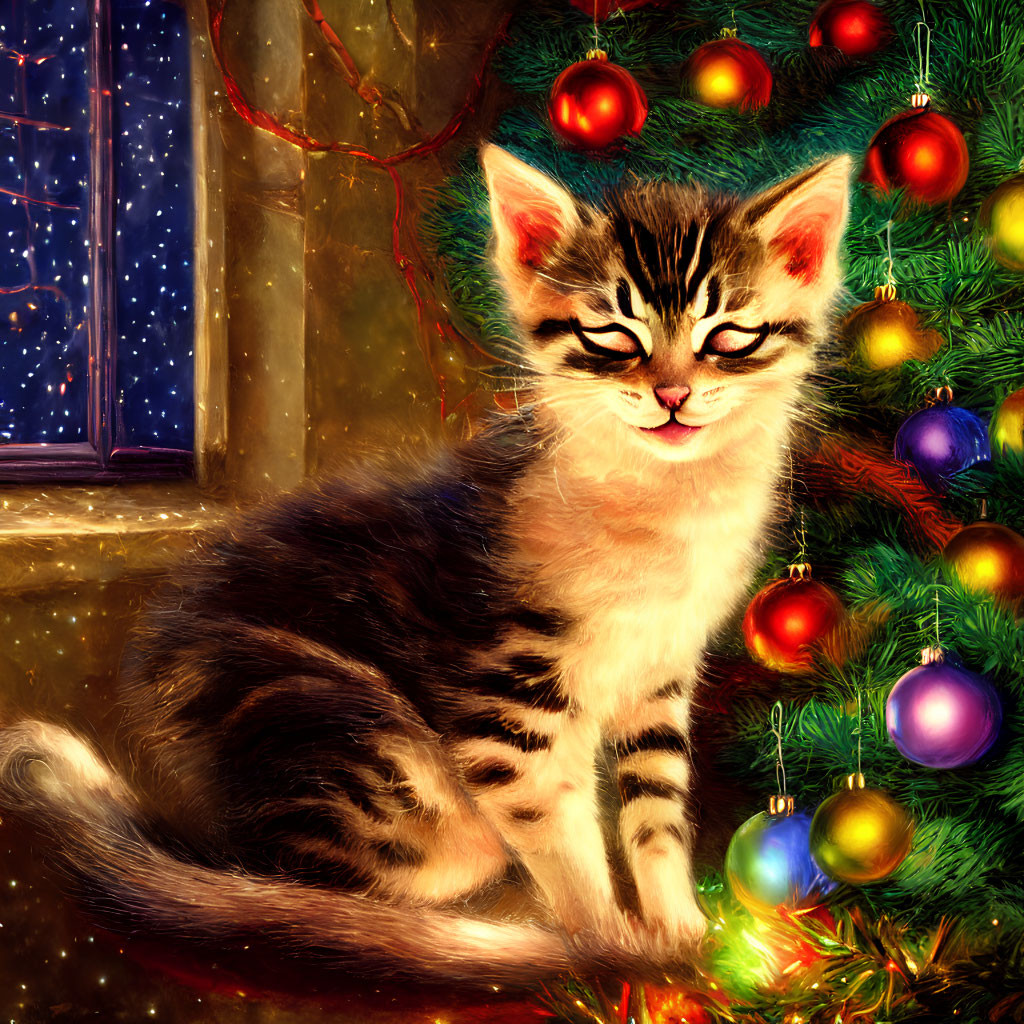 Striped kitten by Christmas tree with colorful baubles and twinkling lights.