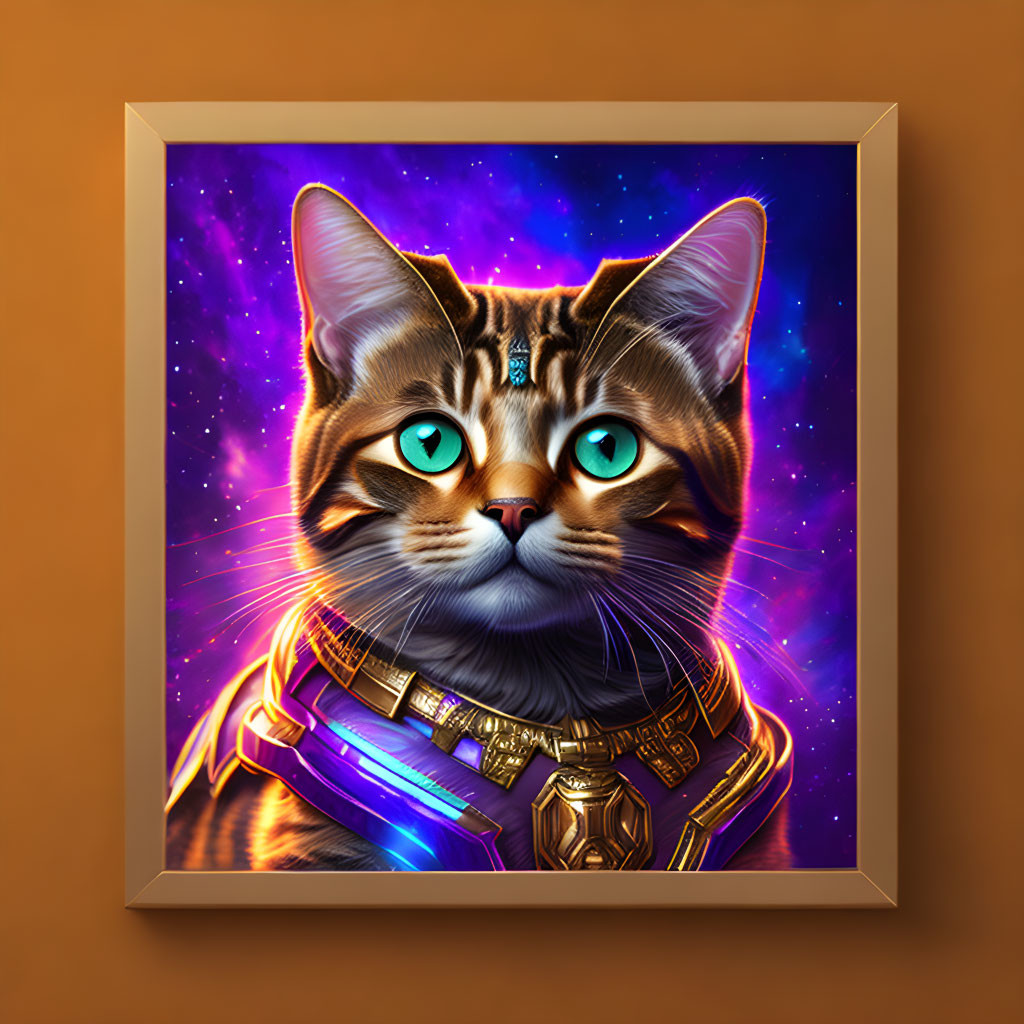 Cosmic cat digital art with glowing collar and symbol on forehead