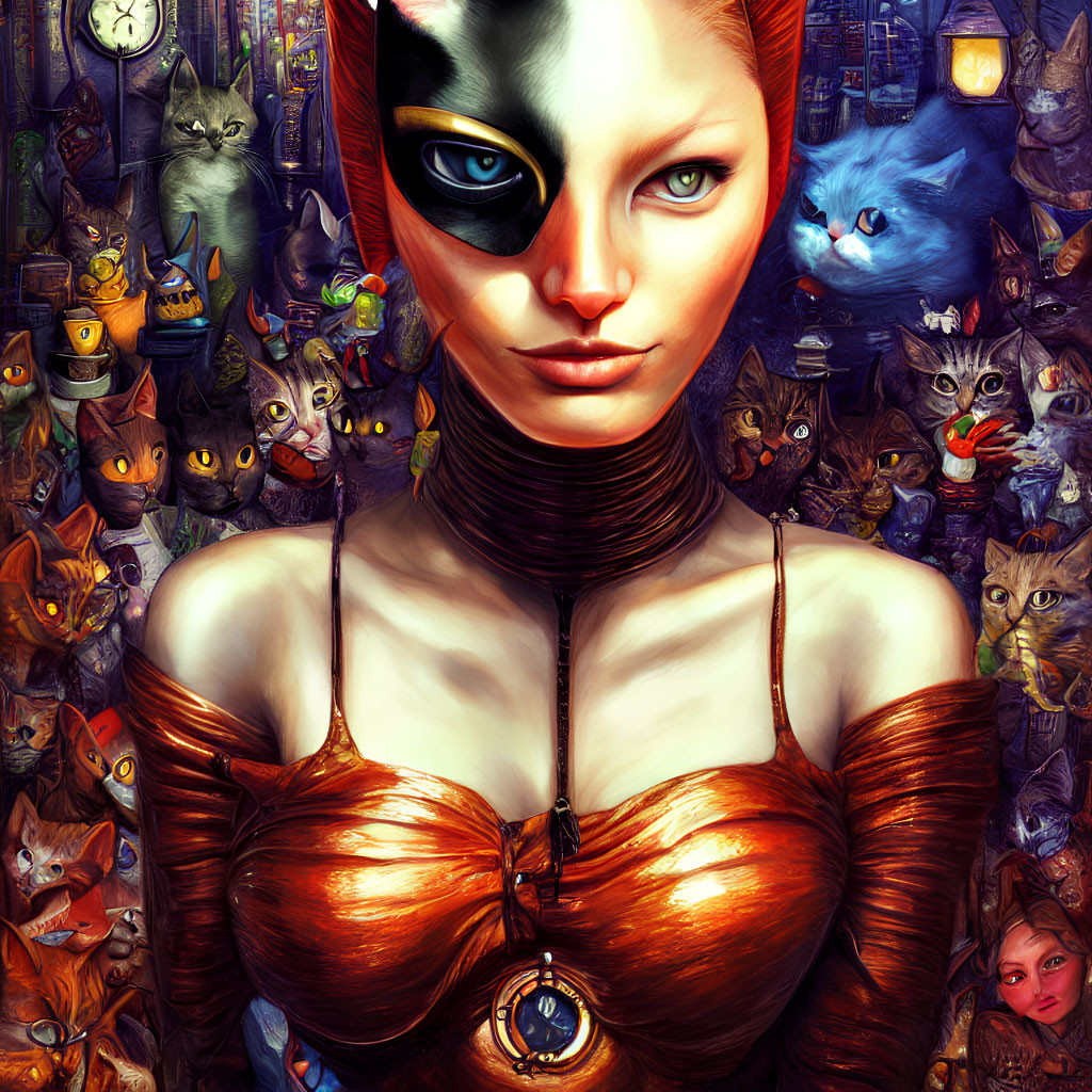 Colorful surrealistic artwork featuring woman in cat mask with whimsical cats and clocks.