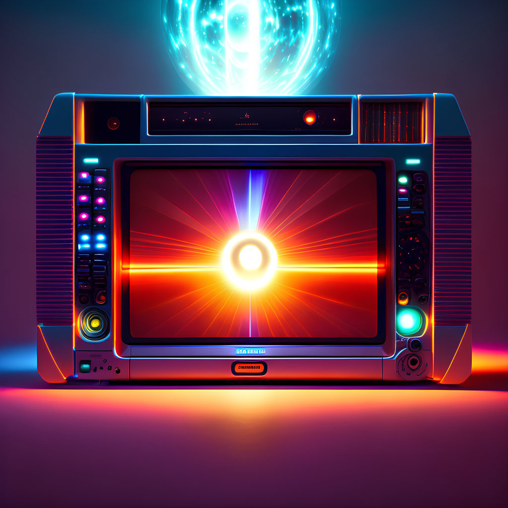 Colorful Retro Boombox with Glowing Neon Lights