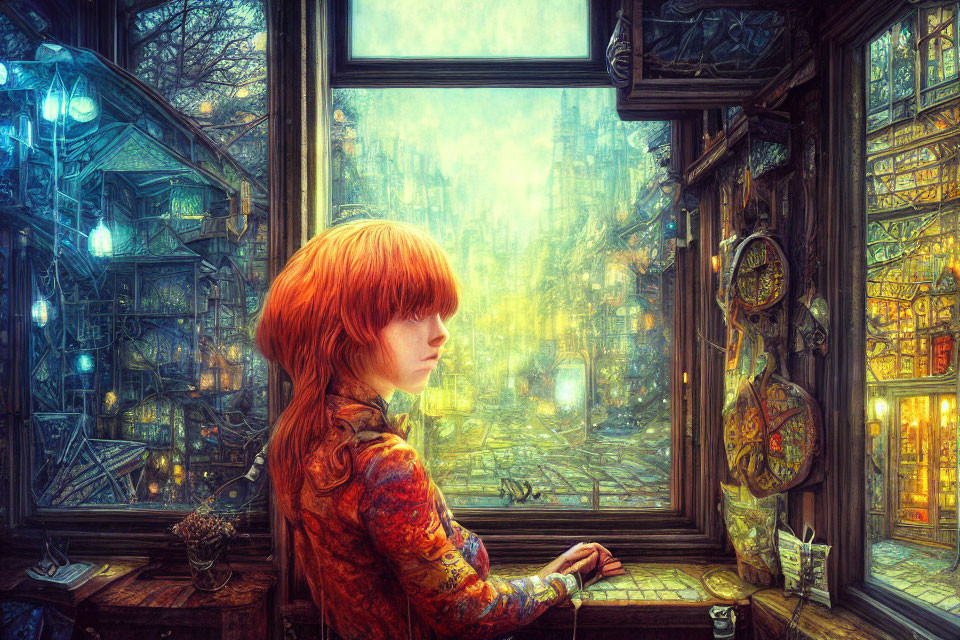 Red-haired person admires fantastical cityscape through window in cozy room full of books.