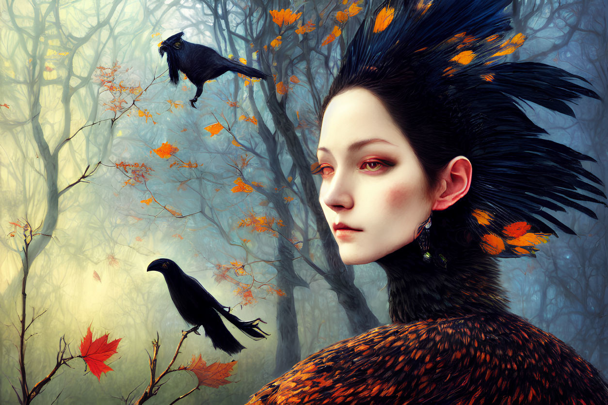 Digital artwork featuring woman with black feathered hair and orange leaf accents, surrounded by crows and autumn