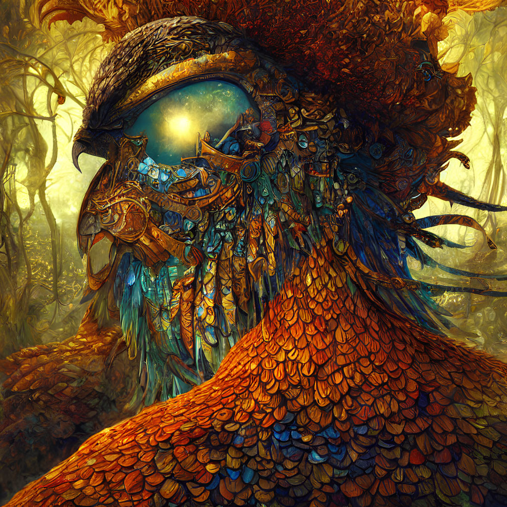 Mechanical bird with glowing eye in amber forest landscape