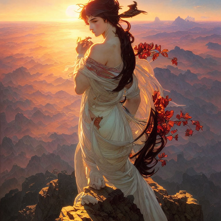 Woman in flowing garments on mountain with red flowers in hair at sunset.