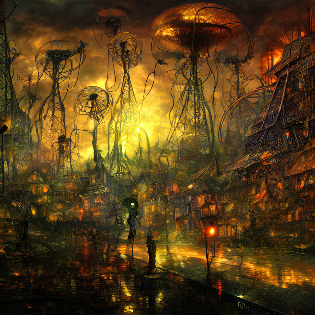 Futuristic cityscape with jellyfish-like structures and glowing lights at dusk