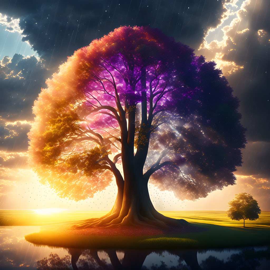 Multicolored canopy tree under dramatic sky with sunrays and stars reflected in water