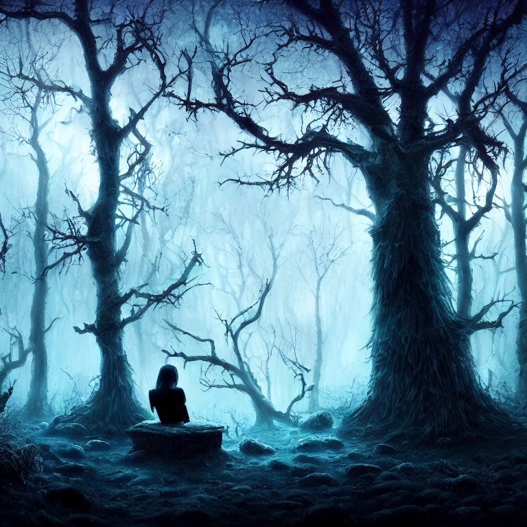 Person sitting under gnarled trees in mystical blue-lit forest