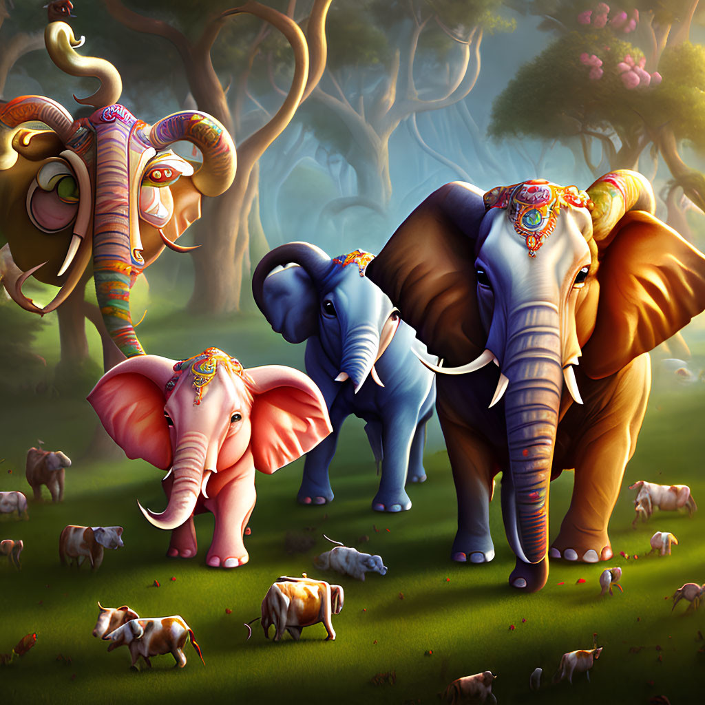 Colorful Elephants in Mystical Forest with Fantastical Creatures