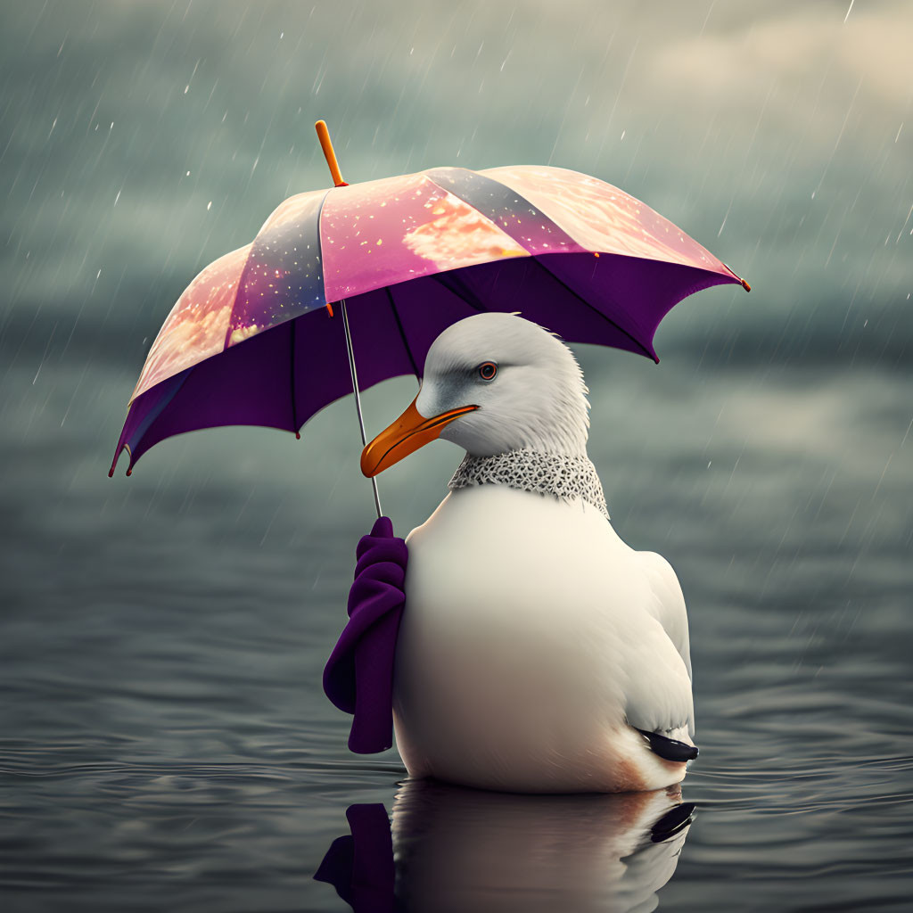 Seagull with colorful umbrella in shallow water under rainy sky