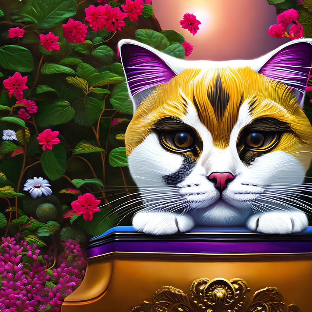 Illustrated orange and white cat in vibrant garden setting