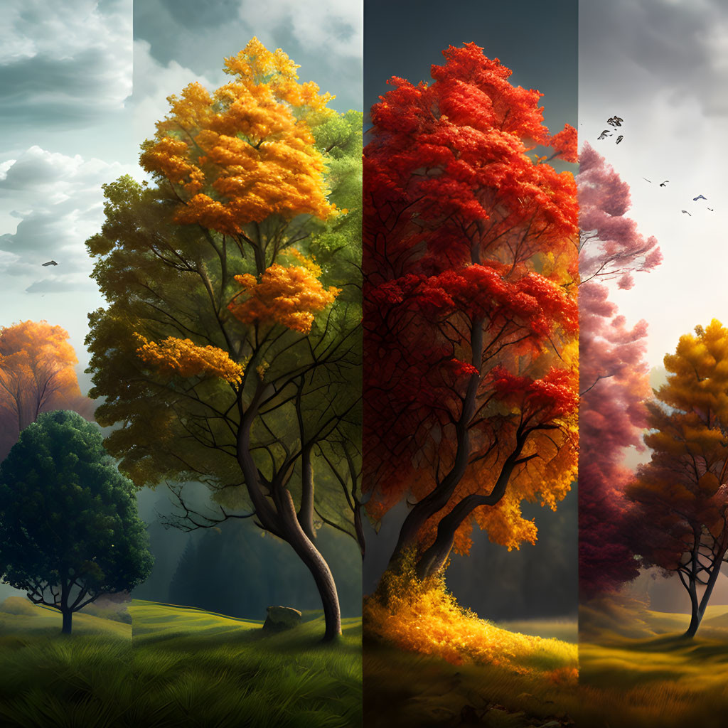 Quadriptych of Trees Depicting Four Seasons in Seasonal Colors