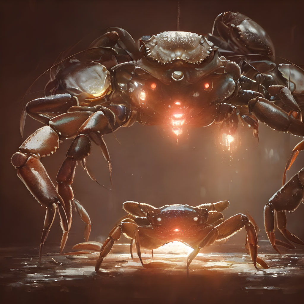 Imposing robotic crabs with red eyes in dim lighting