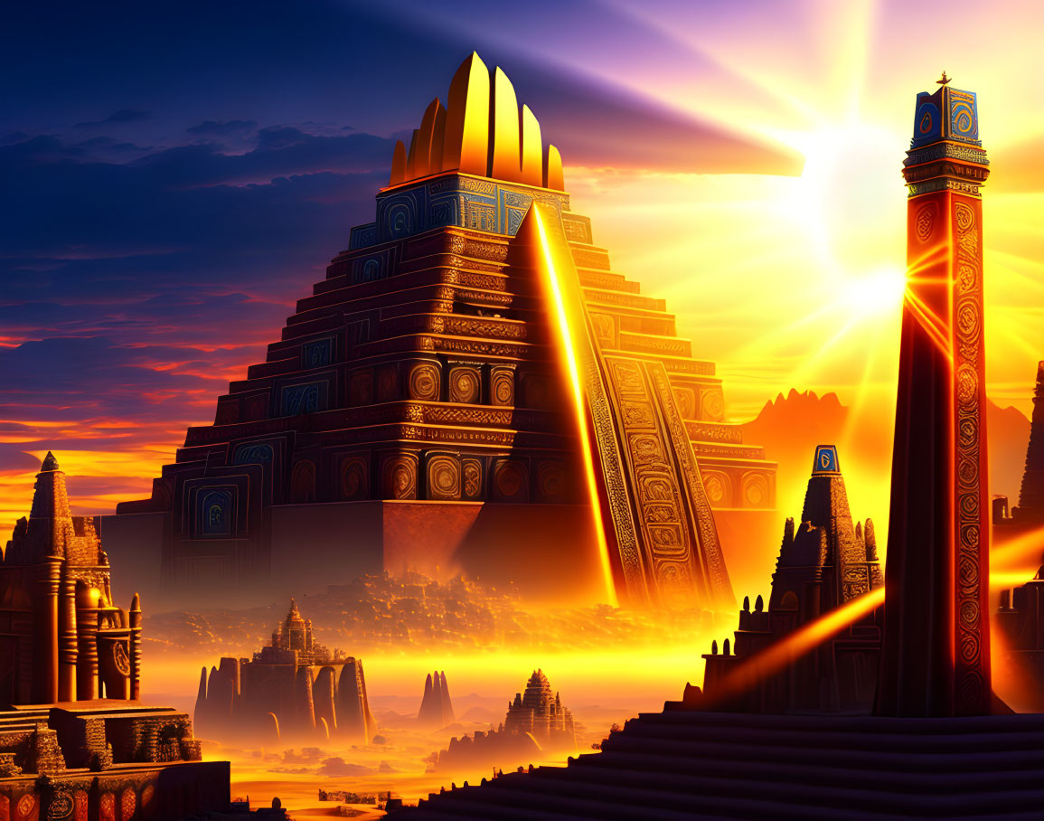 Fantastical ancient city with Aztec-like pyramids at sunset