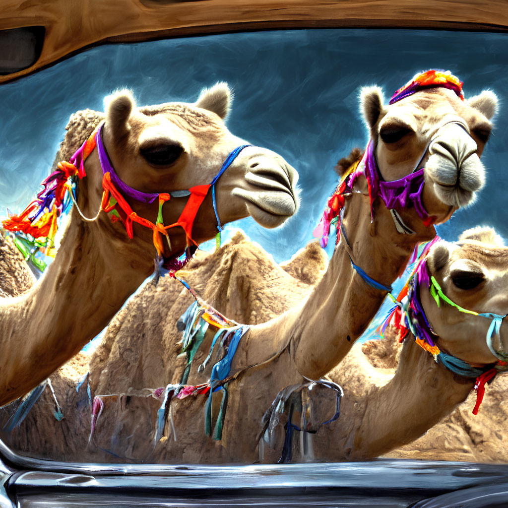 Colorful bridled camels in desert dunes reflection.