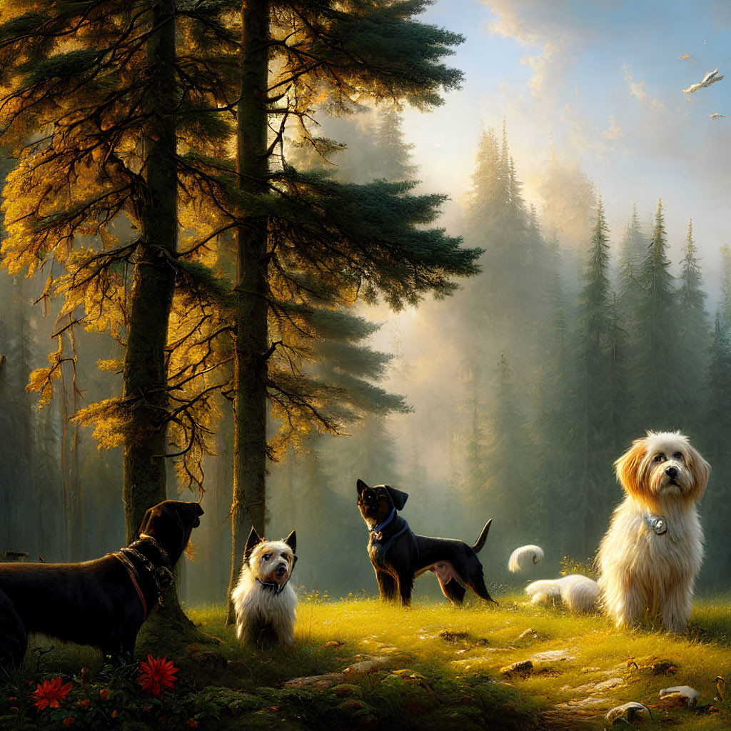 Four Dogs in Sunlit Forest Clearing with Tall Trees, Mist, Warm Light