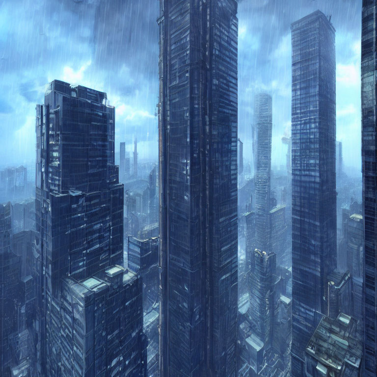 Futuristic cityscape in heavy rain with towering skyscrapers in blue tones