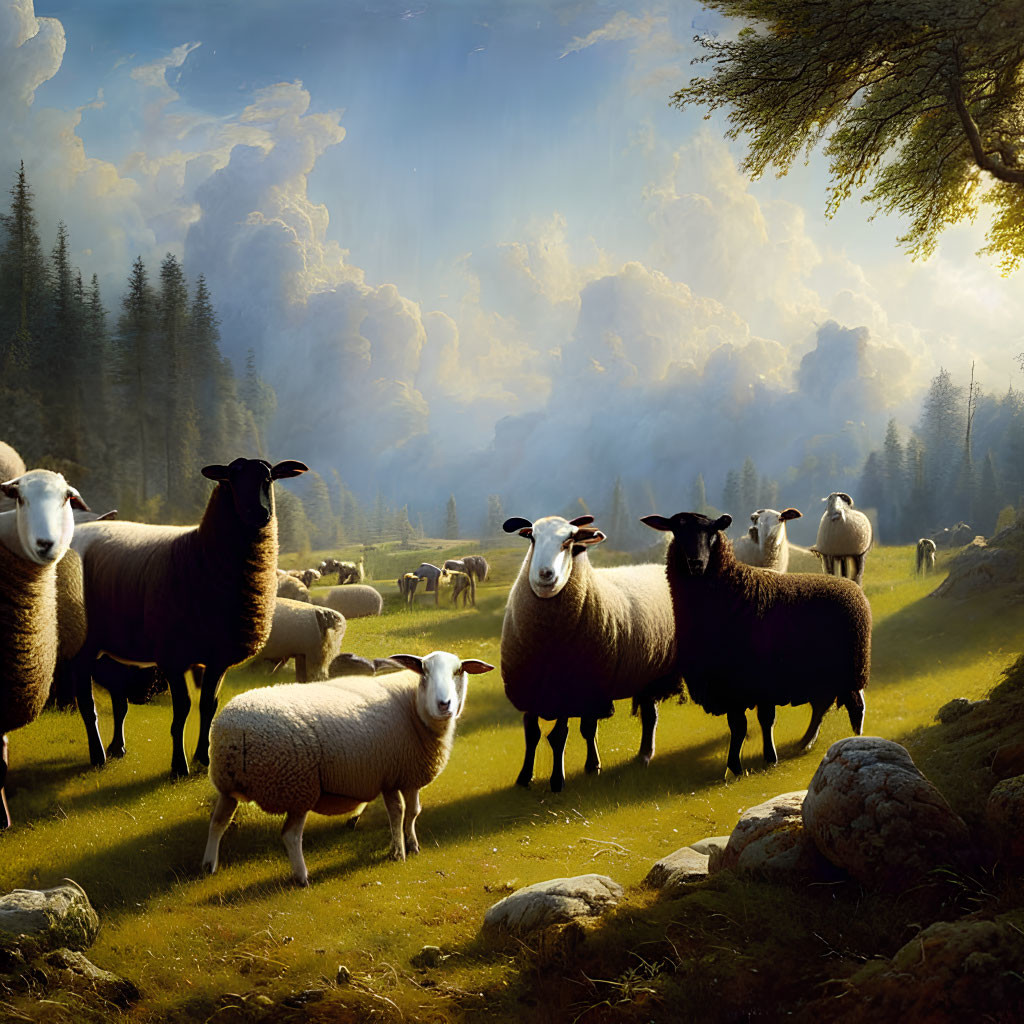 Tranquil landscape: sheep grazing in meadow under dramatic sky