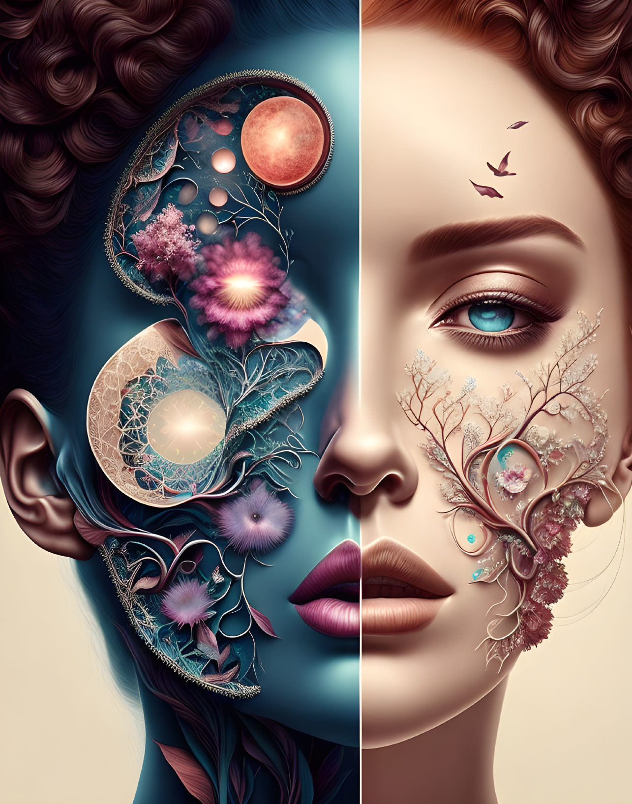 Split-face digital artwork showcasing cosmic and floral elements.