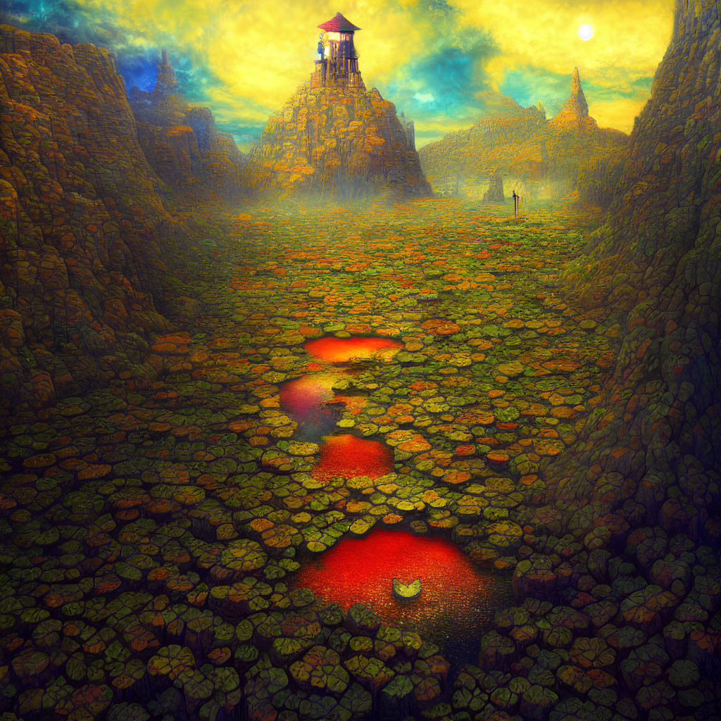 Fantastical landscape with cracked ground and distant tower under yellow sky