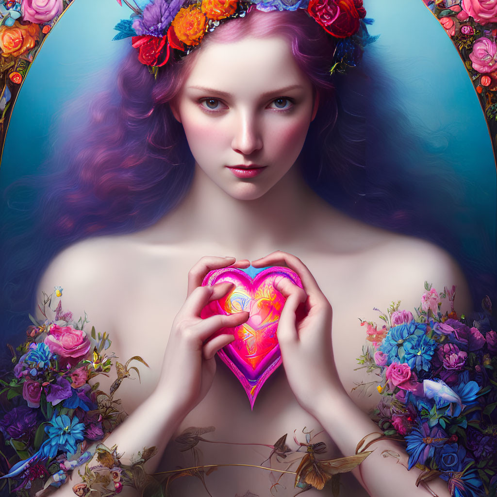 Purple-haired woman with glowing heart and floral crown among vibrant flowers