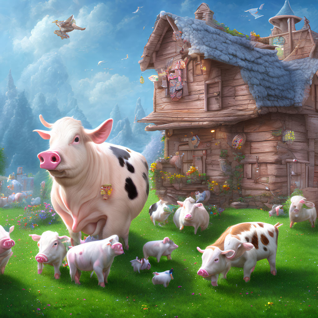 Fairytale pig illustration with castle, cottage, and vibrant flora