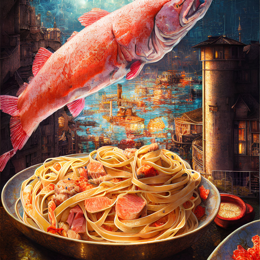 Giant salmon over seafood spaghetti in steampunk cityscape