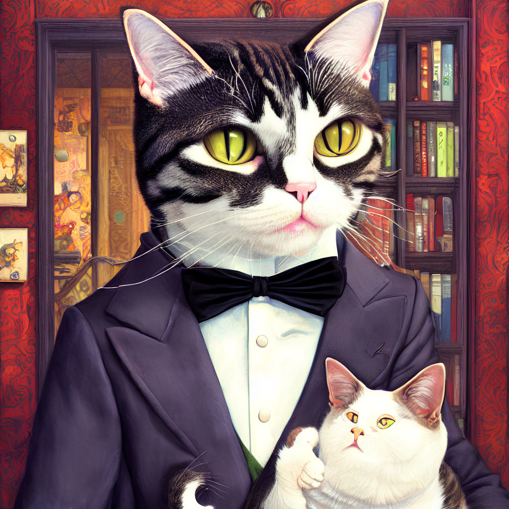 Digital artwork of black and white cat with yellow eyes holding smaller cat in front of bookshelf