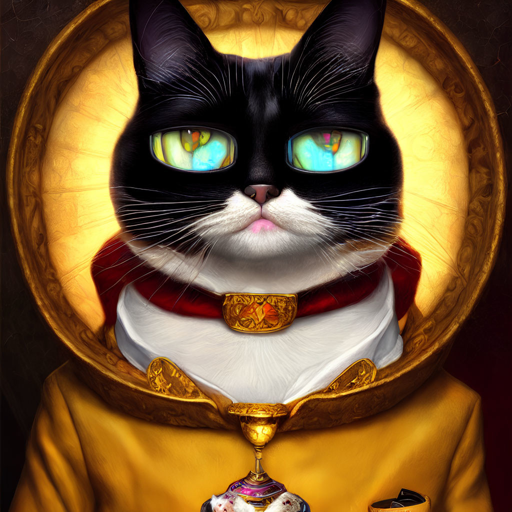 Regal tuxedo cat portrait with golden collar and chalice on dark background