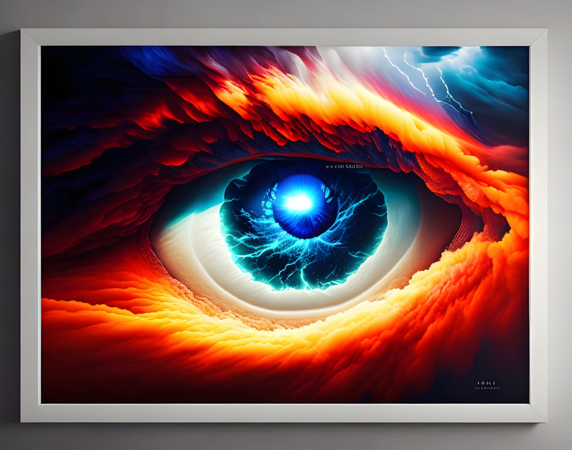 Eye digital artwork with fiery red, orange hues, deep blue, and lightning bolt.