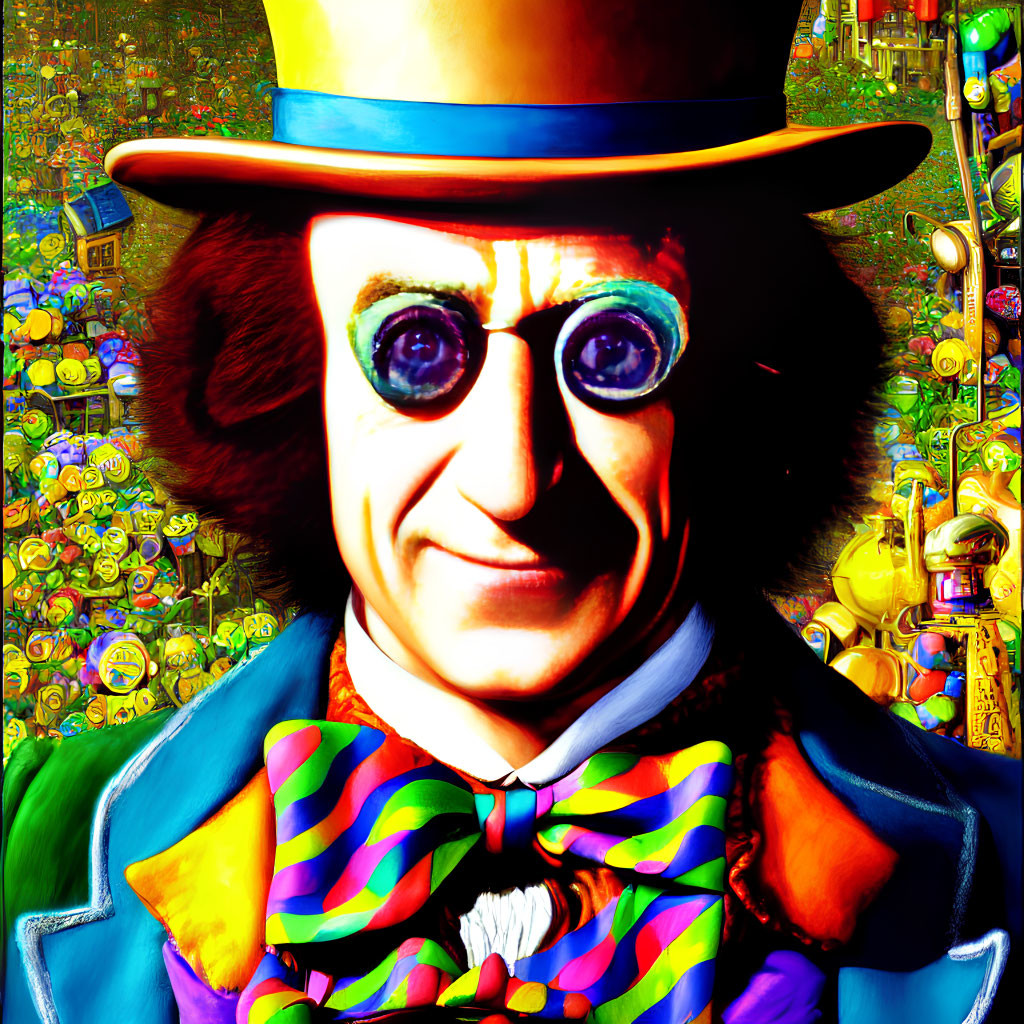 Vibrant caricature of man with top hat, glasses, and bow tie on toy-filled backdrop