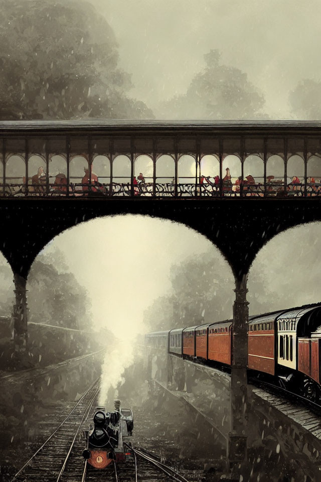 Vintage Train on Tracks with Steam Beneath Arched Bridge in Sepia-Toned Setting